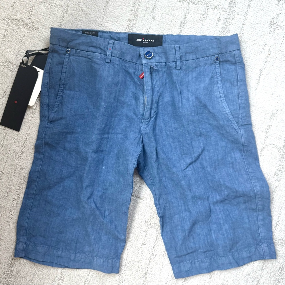 Kiton Men’s FlatFront Linen Shorts- Blue, size 30